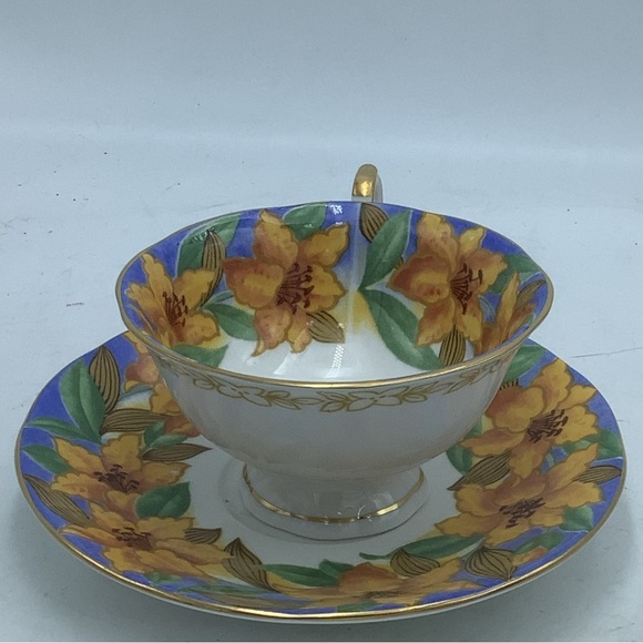 Queen’s England Fine Bone  China Art Deco Blue Teacup and Saucer - Picture 10 of 13